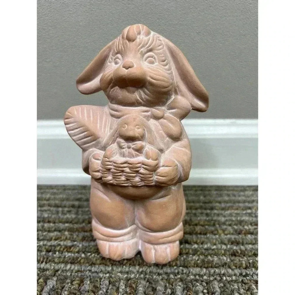 Terracotta Easter Bunny in Overalls With Basket CUTE!! 7" x 4.5" Holiday Spring - Picture 2 of 13